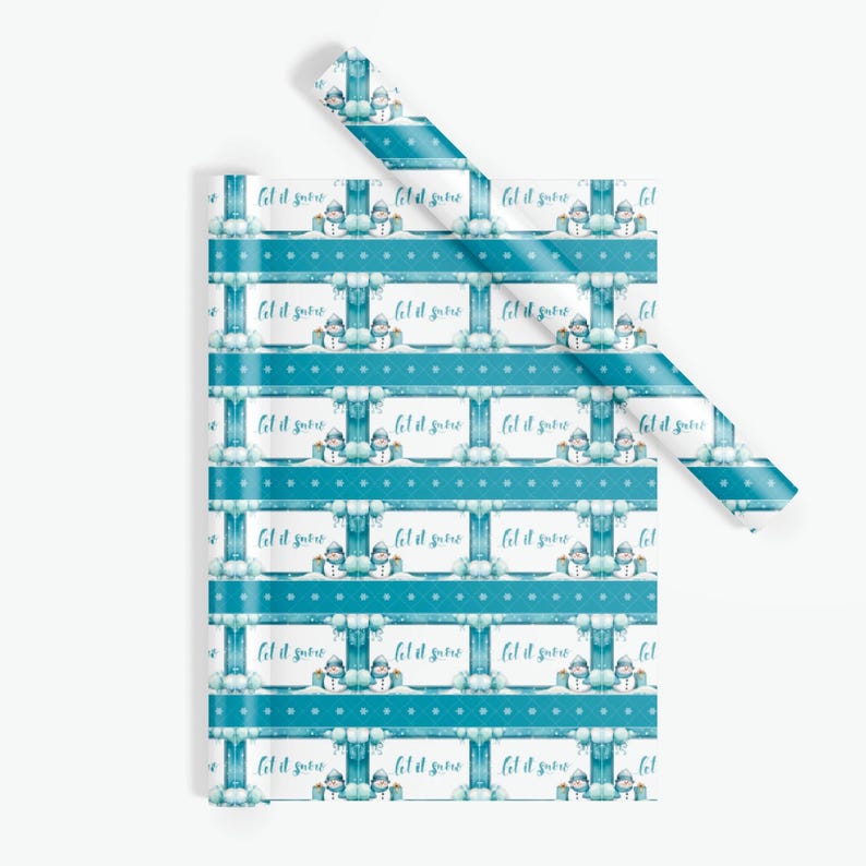 May include: White wrapping paper with a repeating pattern of blue and white stripes, white snowflakes, and a snowman holding a gift. The text "Let it snow" is repeated throughout the pattern.