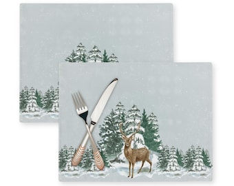 Juego de manteles individuales con diseño de ciervos: decoración para el hogar con bosque nevado y vida silvestre invernal