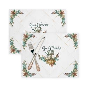 Thanksgiving Cotton Placemat Set: White & Teal Pumpkins, Farmhouse Table Decor