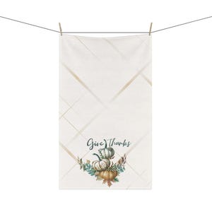 Give Thanks Pumpkin Tea Towel Teal White and Orange Pumpkin and Leaves Autumn Decor Thanksgiving Tea Towel Gift for Hostess Fall Dish Towel