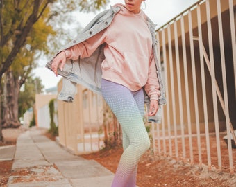 Pastel Halftone Youth Leggings, Pastel Rainbow Leggings for Teens Halftone Pattern Rave Pants Springtime Leggings for Girls Fun Yoga Pants