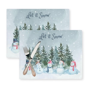 Snowman Cotton Placemats Set: Snowy Forest Holiday Table Decor, Let it Snow