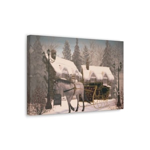 Vintage Weihnachtsdorf Leinwand Kunst: Schlittenfahrt des Weihnachtsmanns Wanddekor