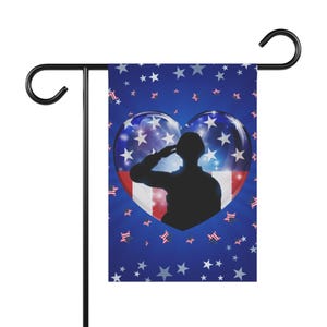 Proud Salute Garden Banner with Soldier Blue Yard Flag with American Flag Stars Patriotic House Flag for Veterans and Military Family Gift