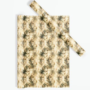 May include: A roll of wrapping paper with a repeating pattern of a girl holding a lantern in a forest setting. The paper is cream colored with a vintage aesthetic.