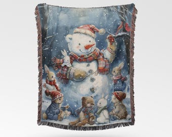 Weihnachten Decke aus gewebter Baumwolle: Lustiger Schneemann und Waldtiere