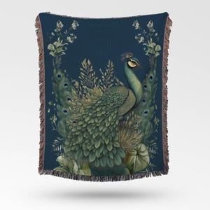 Regal Peacock Cotton Woven Blanket With Fringe Peacock Tapestry Wall Hanging And Throw Blanket Botanical Peacock With Florals Gift For Her