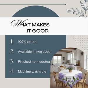 Peut inclure: Un graphique bleu et blanc avec le texte "WHAT MAKES IT GOOD" et une liste de quatre caract&eacute;ristiques&nbsp;: 100&nbsp;% coton, disponible en deux tailles, ourlet fini et lavable en machine. Le graphique est plac&eacute; sur un fond de cuisine avec une table et des chaises blanches et une nappe &agrave; fleurs.