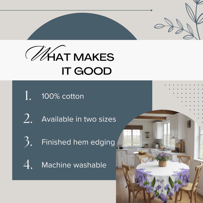 Peut inclure: Un graphique bleu et blanc avec le texte "WHAT MAKES IT GOOD" et une liste de quatre caract&eacute;ristiques&nbsp;: 100&nbsp;% coton, disponible en deux tailles, ourlet fini et lavable en machine. Le graphique est plac&eacute; sur un fond de cuisine avec une table et des chaises blanches et une nappe &agrave; fleurs.