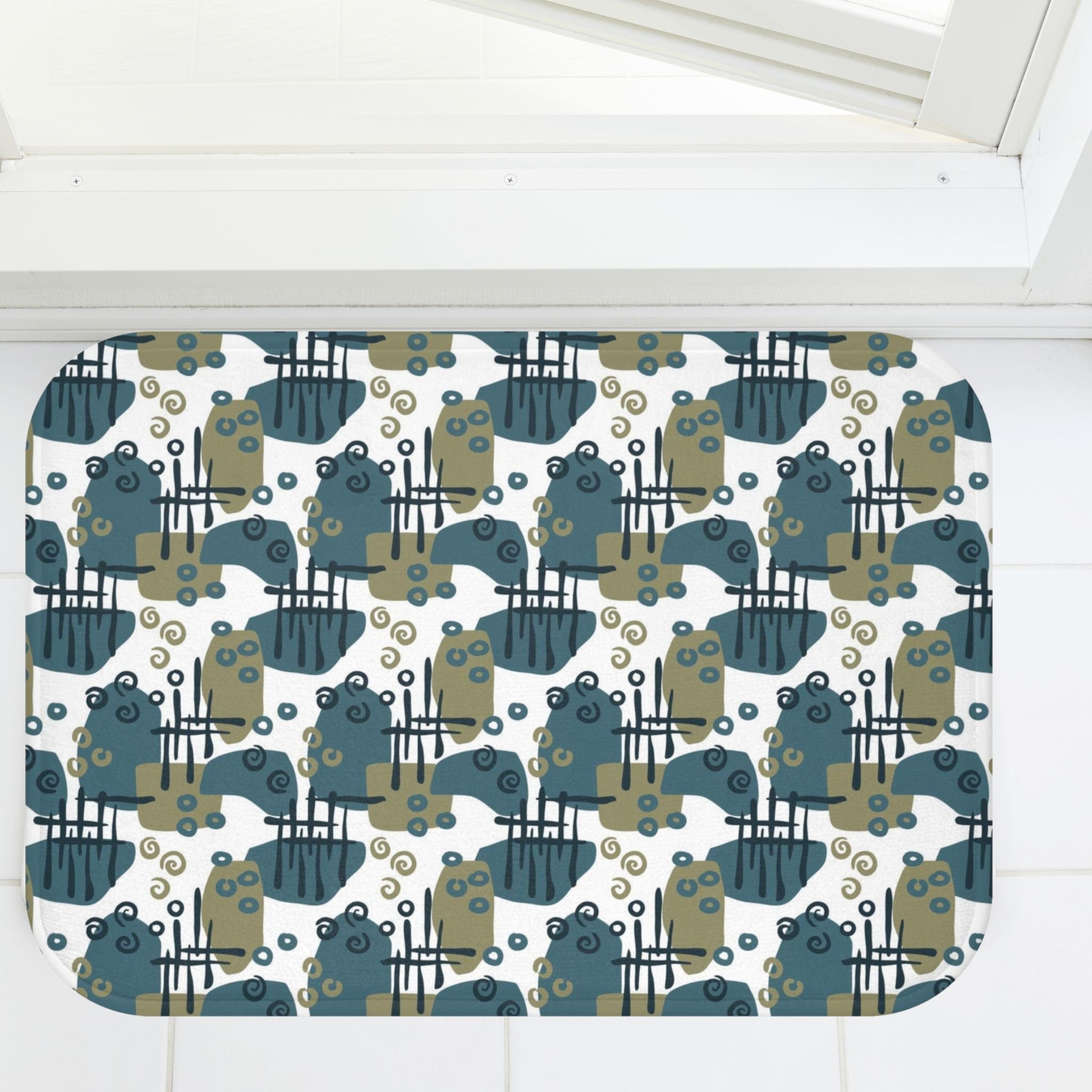 Urbane Squiggles Bath Mat, Green and Gold Bathroom Rug, Microfiber