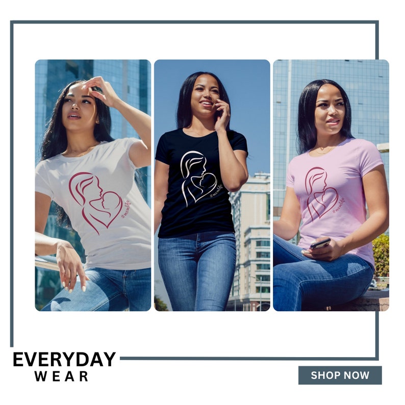 May include: Three women wearing t-shirts with a graphic design of a mother and child. The shirts are white, black, and pink. The graphic design is a line drawing of a mother holding a child, with the words "#momlife" written inside a heart.