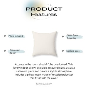May include: A square, off-white indoor pillow. Features include a concealed zipper, pillow insert, and is made of 100% spun polyester. The pillow is available in multiple sizes. Text on the image reads "Product Features".