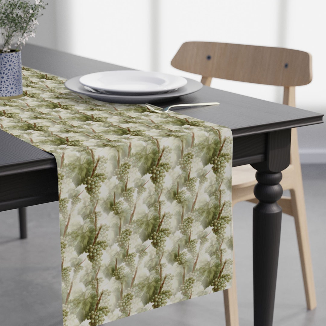 Green Vinery Table Runner, Grape Vine Cotton Table Runner Sage Green
