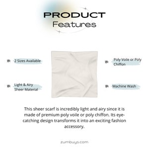 May include: A white sheer scarf made of poly voile or poly chiffon. The scarf is light and airy and machine washable. It is available in two sizes.