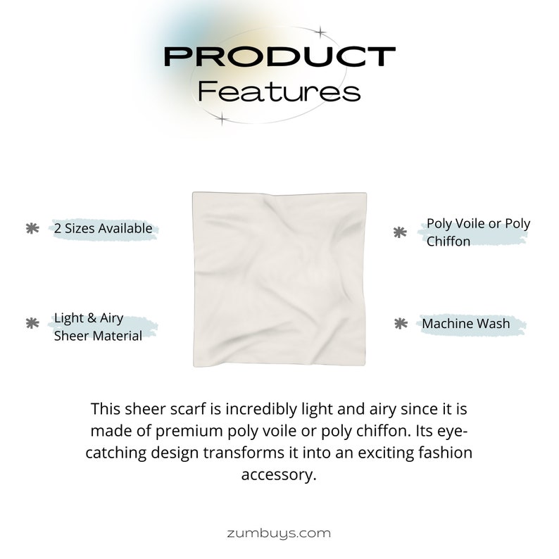 May include: A white sheer scarf made of poly voile or poly chiffon. The scarf is light and airy and machine washable. It is available in two sizes.