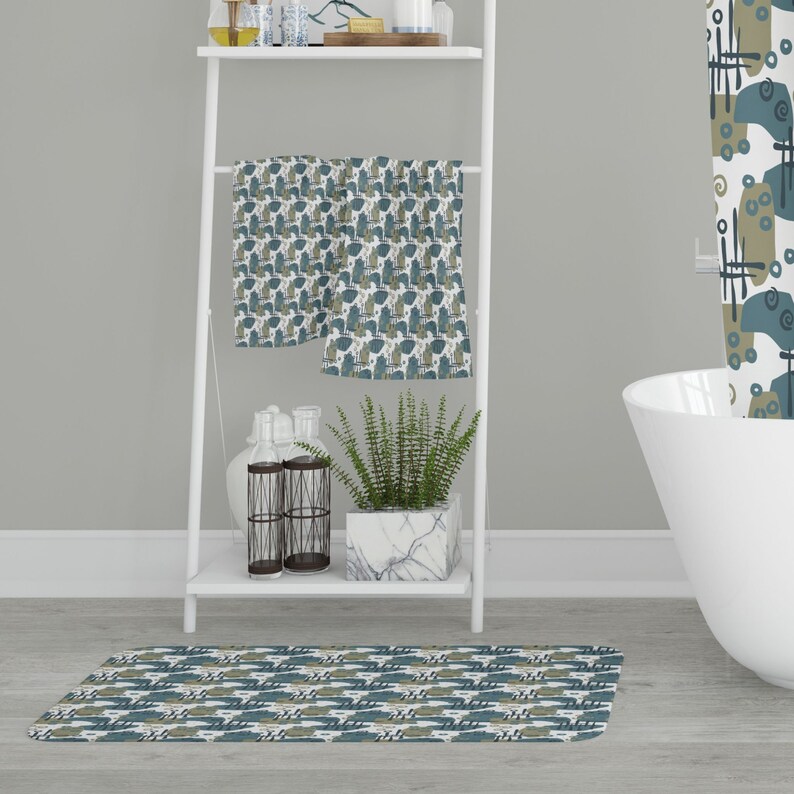 Urbane Squiggles Bath Mat, Green and Gold Bathroom Rug, Microfiber