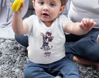 Independence Day Giraffe Infant Fine Jersey Tee, Patriotic Giraffe Baby or Toddler 4th of July Shirt Red White and Blue Independence Day Tee