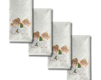 エンジェル布ナプキン4枚セット：ゴールド＆シルバーのクリスマステーブルデコレーション