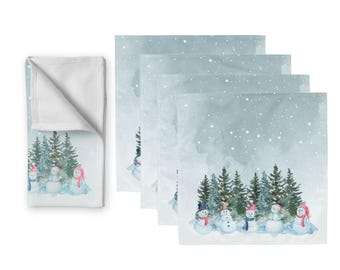 Snowmen Cloth Napkins (Set of 4): White & Blue Christmas Table Decor