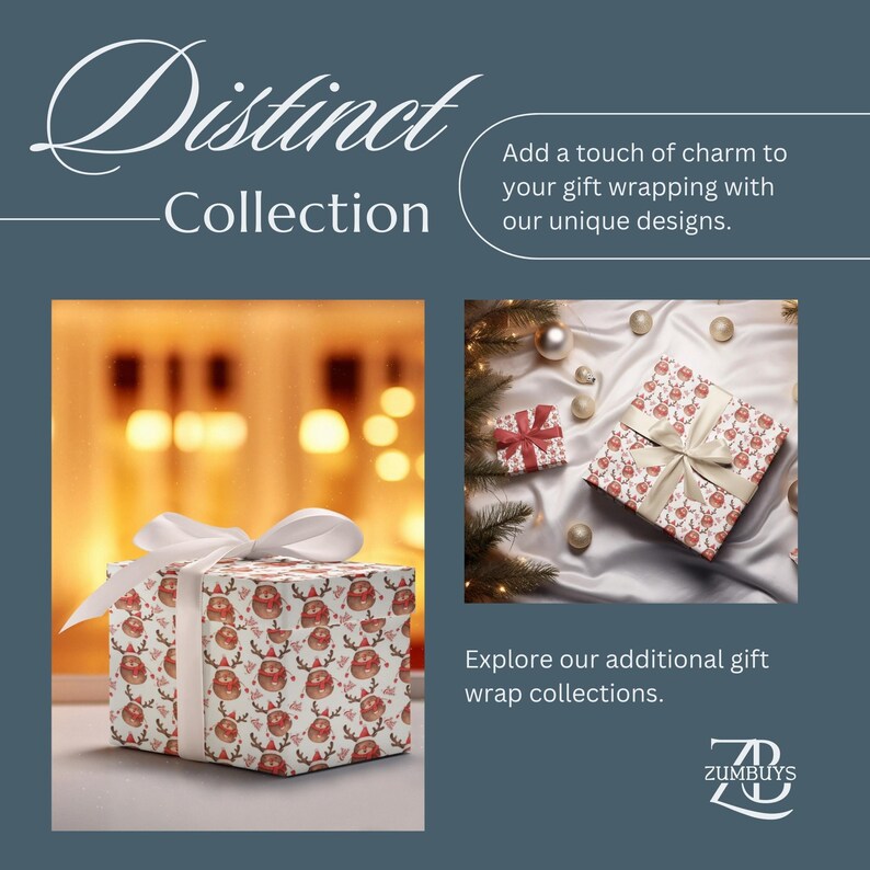 Op de afbeelding: Een cadeauverpakking met een rendierpatroon, vastgebonden met een wit lint. De afbeelding toont ook andere verpakte cadeaus met vergelijkbare patronen en de tekst "Distinct Collection".