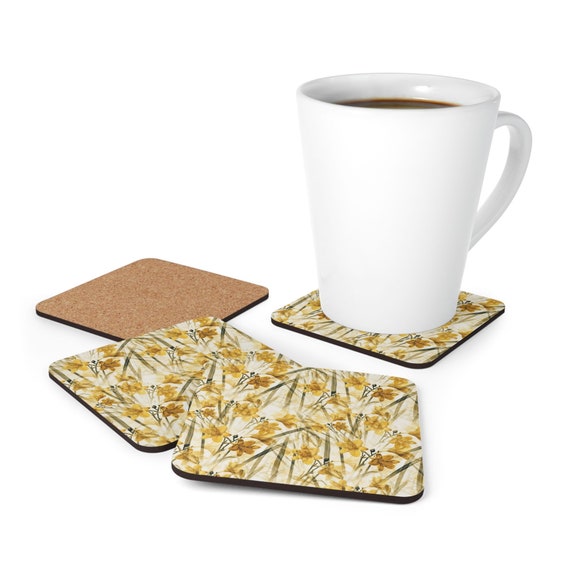 Yellow Daffodil Cork Coaster Set: Abstract Floral Drink Coasters