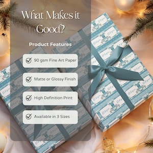 May include: A close-up of a blue and white wrapping paper with a winter scene. The paper is available in three sizes and is made from 90 gsm fine art paper. It can be finished with a matte or glossy finish and has a high definition print.