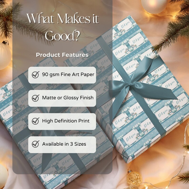 May include: A close-up of a blue and white wrapping paper with a winter scene. The paper is available in three sizes and is made from 90 gsm fine art paper. It can be finished with a matte or glossy finish and has a high definition print.