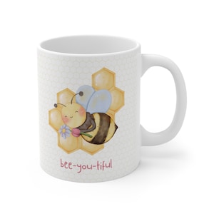 Buzzing Beauty Mug, Cute Honey Bee with Flower Ceramic Mug Bee-you-ti-ful Quote Queen Bee Mug Best Friend Gift for Her Bumble Bee Gifts Mug