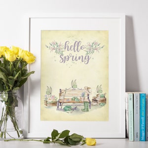 Springtime Garden Bench Art Print: Butterfly Farmhouse Decor (Digital Download)
