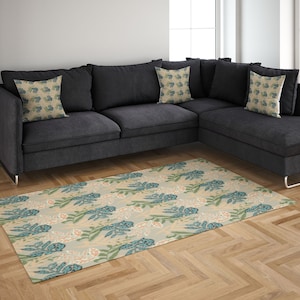 Leafy Relics Area Rug, Leaf Design Abstract Modern Area Rug, Tan Orange Blue Green Rug, Botanical Nature Floral Living Room Bedroom Area Rug