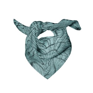 May include: A teal blue bandana with a black and white abstract pattern. The bandana is folded and tied in a knot.