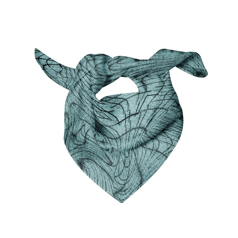 May include: A teal blue bandana with a black and white abstract pattern. The bandana is folded and tied in a knot.