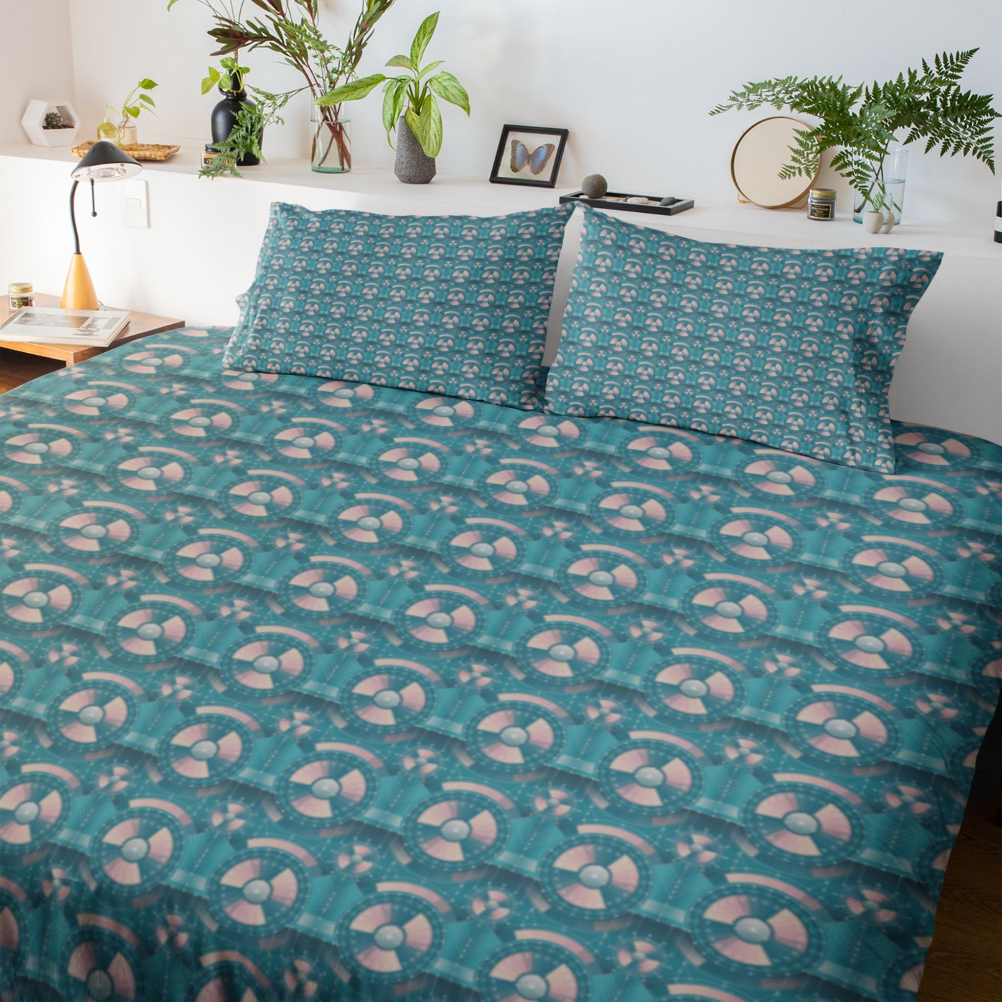 Teal Flywheel Comforter, Teal and Pink Geometric Bedding Modern