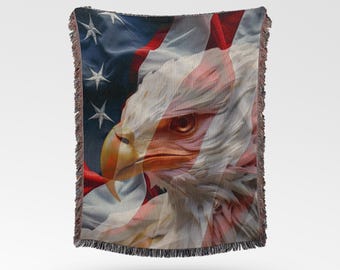 Patriotic Eagle Woven Blanket: American Flag Throw, Cotton Yarn