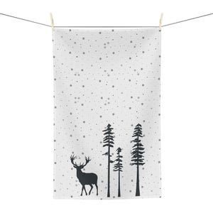 Winter Deer Dish Towel: Nordic Pine Tree Snowflake Design