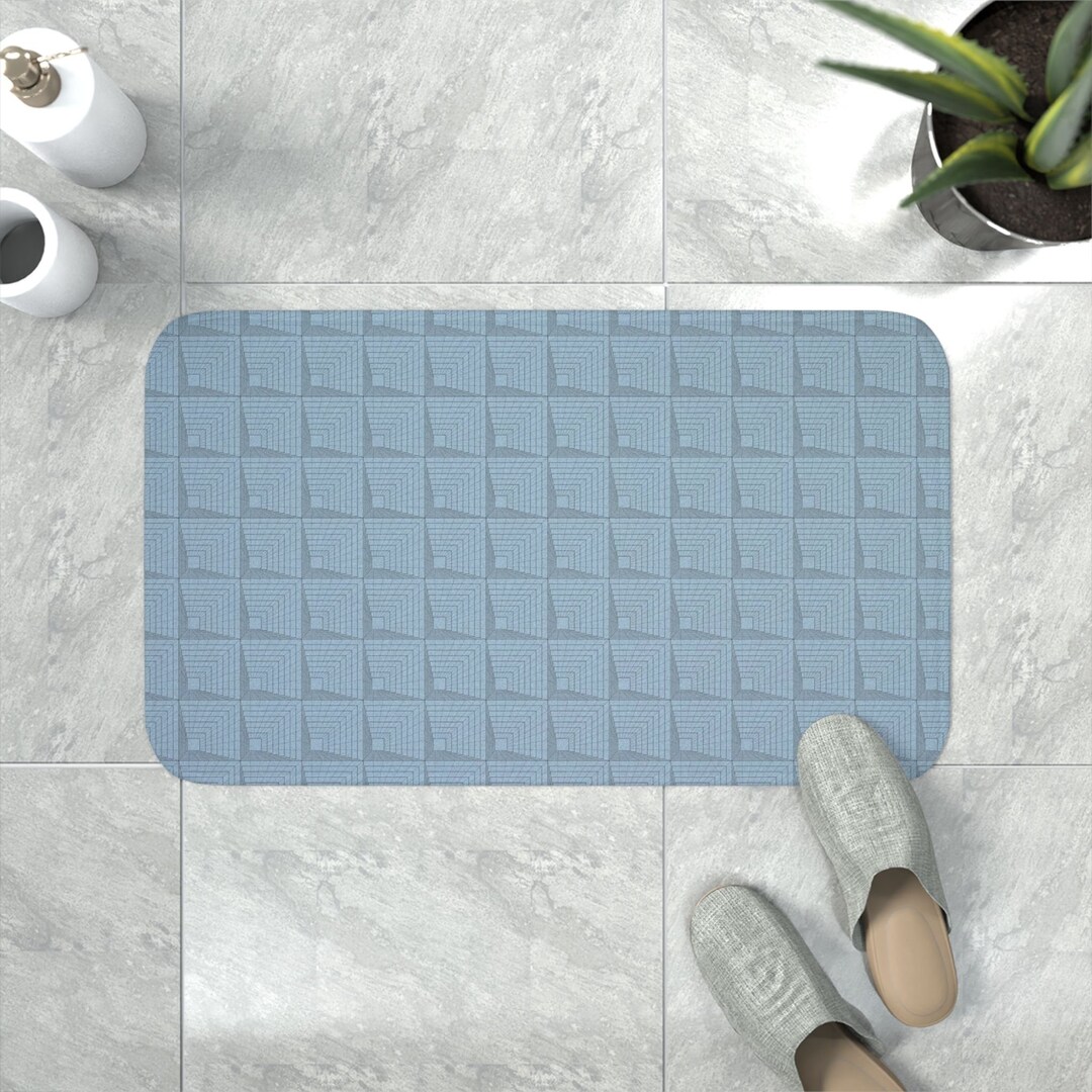 Blue Square Echo Memory Foam Bath Mat, Blue Geometric Bath Mat, Optical