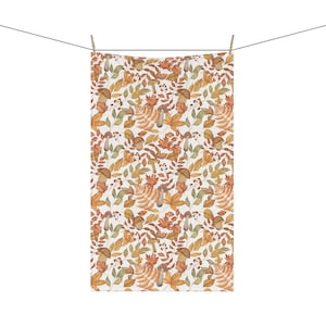 Fall Foliage Cotton Tea Towel: Orange Leaves & Mushrooms, Thanksgiving Kitchen Decor