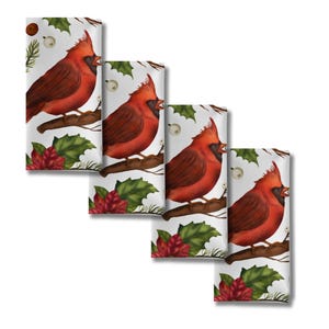 Roter Vogel-Stoffservietten-Satz von vier Kardinal-Weihnachtsstern- und Holly-Entwurfs-Weihnachtsstoffservietten Feiertags-Tischtuch-Servietten mit Kardinal-Weihnachten