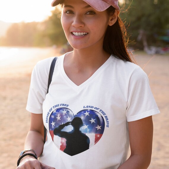 Patriotic V-Neck Tee: Home of the Free, Brave Salute - Bella Canvas