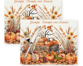May include: Two placemats with an autumnal theme. The placemats feature a wagon filled with pumpkins, autumn leaves, and the text "Give Thanks". The placemats also have the text "Grateful, Thankful and Blessed".