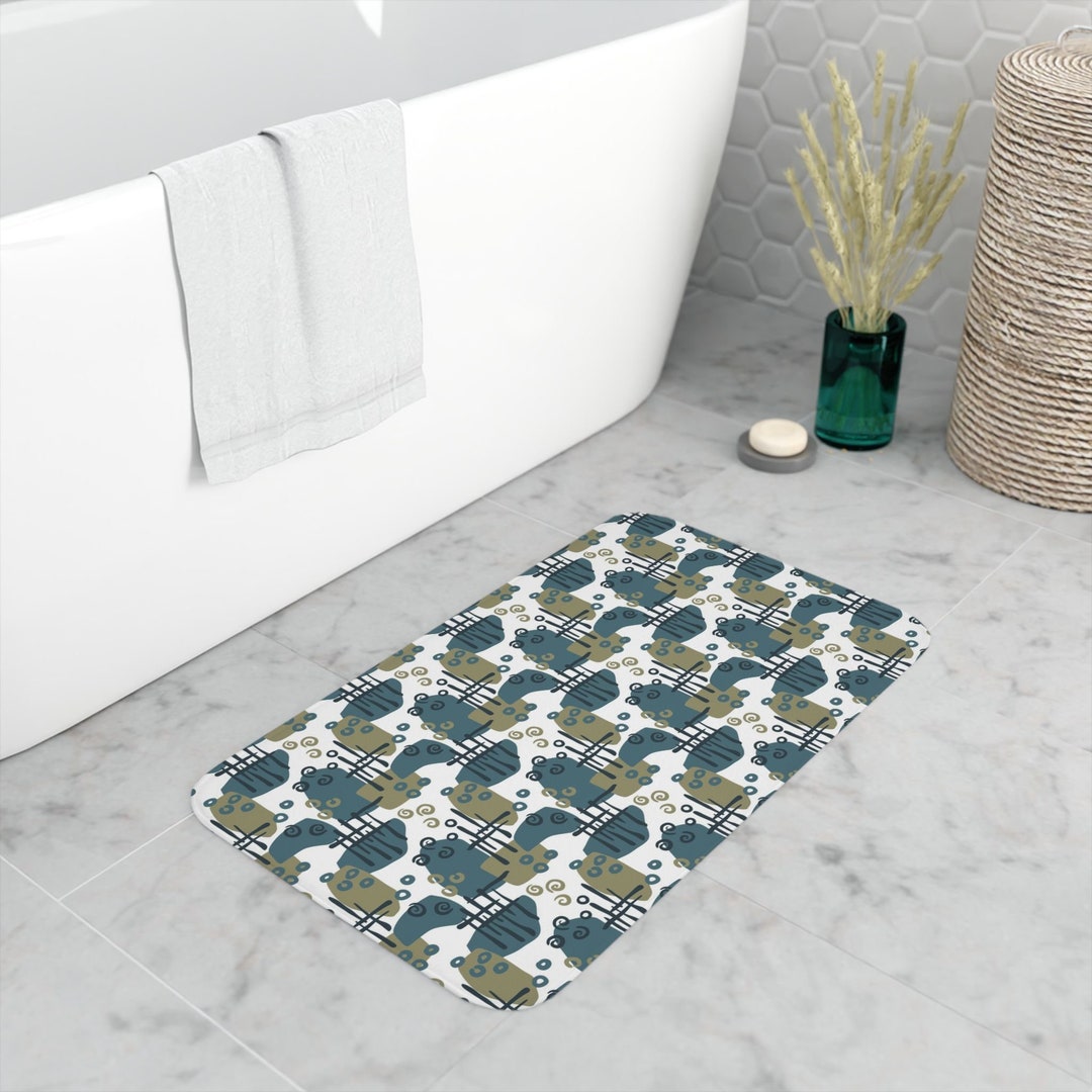 Urbane Squiggles Bath Mat, Green and Gold Bathroom Rug, Microfiber