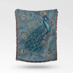 Peacock Dreams Woven Cotton Blanket Blue Peacock Feathers Woven Throw Blanket Cottagecore Bed Sofa Tapestry Bird Lover Unique Gift For Women