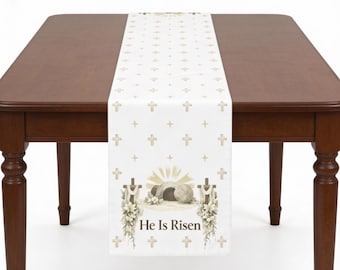 He Is Risen Easter Table Runner, Christian Floral Decor
