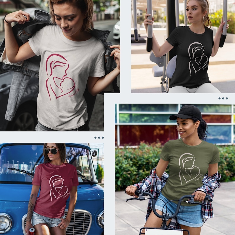 May include: Four different models wearing t-shirts with a graphic design of a mother and child in a heart shape. The text "Embrace the Mess" is below the graphic. The t-shirts are available in white, black, red, and green.