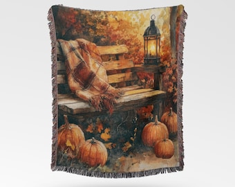 Woven Cotton Autumn Blanket: Rustic Farmhouse Pumpkin & Leaves Tapestry
