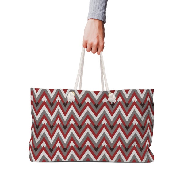 Red Chevron Allure Weekender Bag, Travel Bag Red Weekend Bag Gift for Women Overnight Bag Oversized, Chevron Pattern Red Grey White Tote Bag