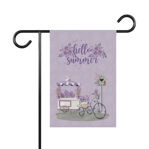 May include: A purple and white garden flag with a lavender-themed bicycle and a sign that says "hello summer".