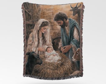 Nativity Scene Woven Blanket: Mary, Joseph, Baby Jesus - Christmas Tapestry Throw