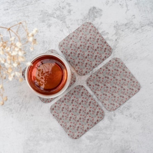 Red Flower Cork Coaster Set: Shabby Chic Floral Coasters