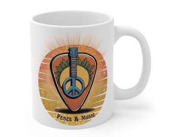 Retro Guitar Coffee Mug: Peace & Music, 11oz Ceramic